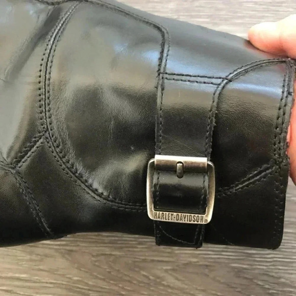 Harley Davidson Black Leather Heeled Western Block Heel Mid Calf Boots Point Toe - Picture 9 of 13